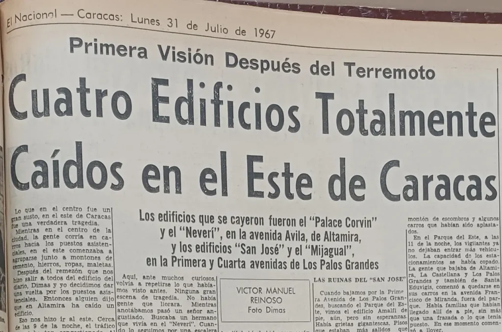 Portada de El Nacional, 31 de julio de 1967: Cuatro edificios totalmente caídos en el este de Caracas