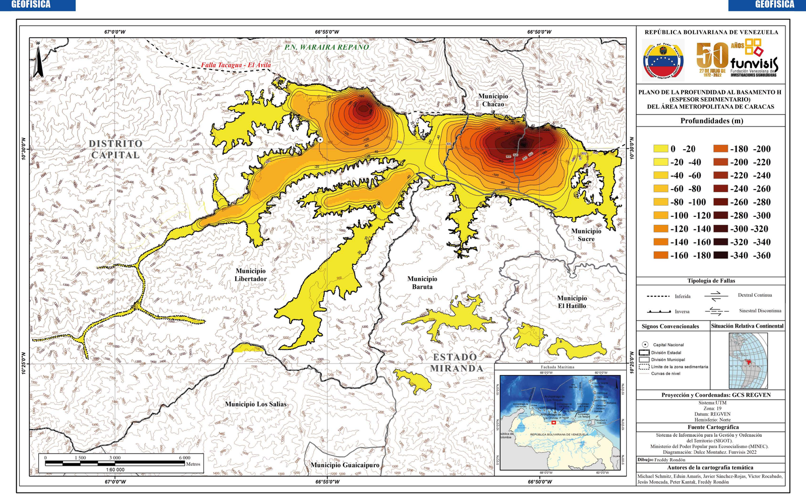 Mapa de espesor de sedimentos del Valle de Caracas (ECCAR), con la zona más profunda hacia el este