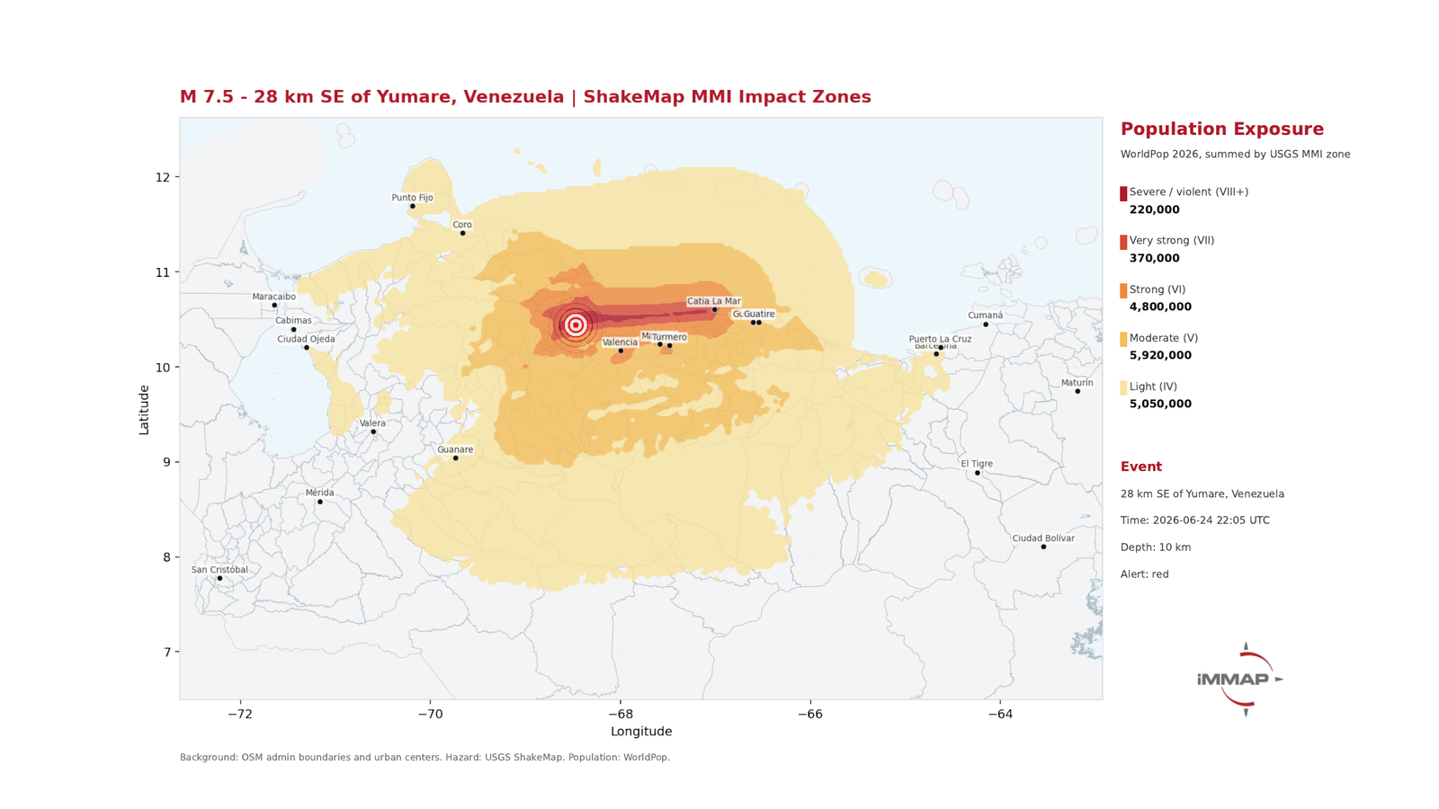 Mapa de intensidad sísmica del terremoto de Venezuela 2026 — zonas de sacudida MMI y ciudades